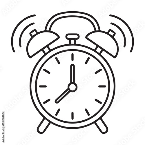 A black line drawing of an alarm clock ringing