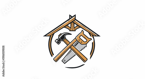 Crossed hammer and saw within a stylized house roof outline