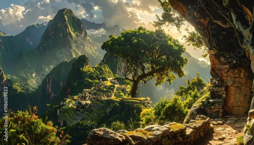 A serene landscape of mountains and a tree