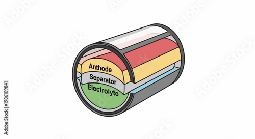 Cross-section of a cylindrical battery showing layered internal components and electrical materials
