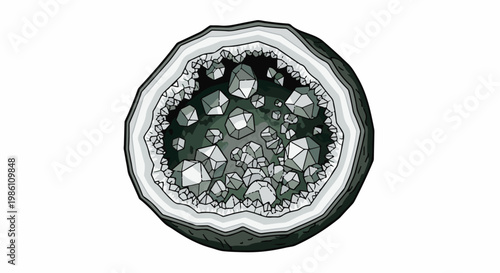 Cross-section of a geode revealing crystalline interior formations in gray tones