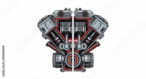 Detailed illustration of a V-twin engine's internal workings, showing pistons, rods, and gears