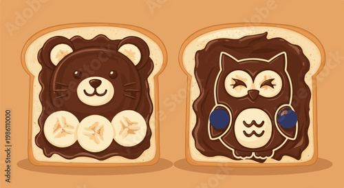 Cute bear and owl faces made with chocolate spread and fruit on toast