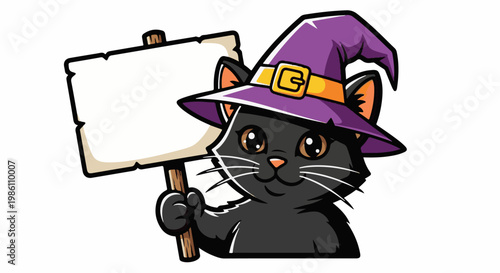 Cute black cat wearing a witch hat holding a blank sign