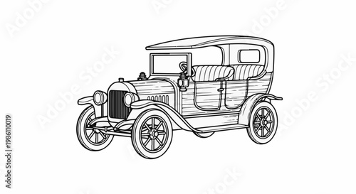 Detailed black and white outline sketch of an antique automobile, drawing