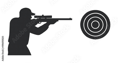 Sniper silhouette shooting at bullseye target, marksman with rifle and optical scope vector, professional hunter aiming at circular target board