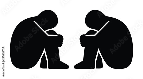 Depressed person silhouette vector icon, sad lonely man sitting on floor, mental health awareness and grief concept illustration