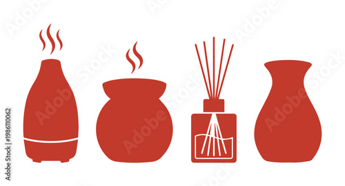 Minimalist red aromatherapy icons, essential oil diffuser and reed diffuser silhouettes, set of 4 home fragrance vector elements for spa and wellness