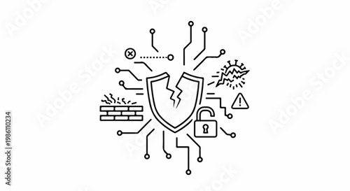 Cybersecurity threats broken shield, virus, unlock, firewall, danger sign