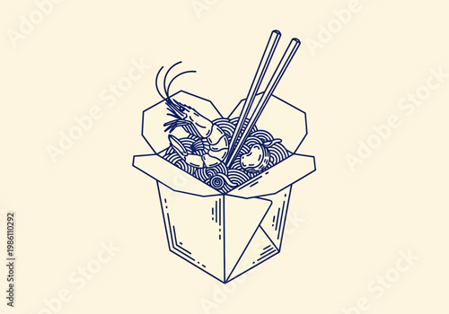 Minimalist Blue Line Art Illustration of Chinese Takeout Box with Shrimp Noodles and Chopsticks - Asian Food Delivery and Restaurant Menu Graphic