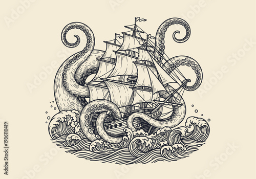 Fotografie Vintage Nautical Illustration of a Giant Kraken Attacking a Sailing Ship in Stor