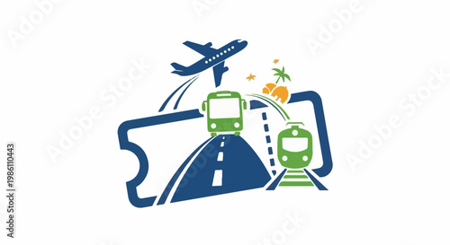 Diverse transportation modes depicted with a ticket and island scenery