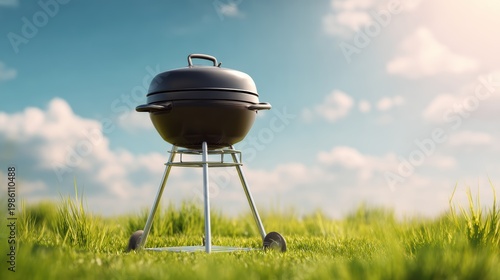 Sunny backyard with charcoal grill and green lawn during outdoor sustainability moment