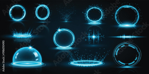Futuristic Neon Portal Effect Set with Blue Glowing Rings Sci Fi Teleport Frames and Energy Light Elements