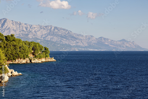 Makarska Riviera with panoramic view of the Adriatic Sea in light fog in late summer