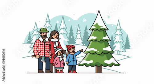 Family chooses a Christmas tree in a snowy forest