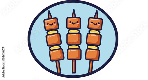 Cute Kawaii Satay Illustration, Asian Grilled Meat Skewers Character with Happy Facial Expressions in Circular Frame