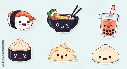 Cute Kawaii Asian Food Sticker Set, Japanese Sushi, Ramen, Boba Tea, and Chinese Dumpling Chibi Characters.