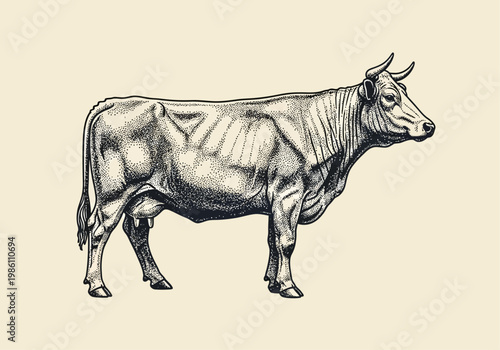 Vintage Hand Drawn Cow Illustration, Engraving Style Bovine Cattle for Farm, Dairy, and Butchery Branding