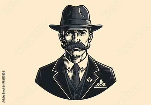 Vintage Engraving Illustration of a Sophisticated Gentleman with a Handlebar Mustache wearing a Fedora Hat and Classic Suit Portrait