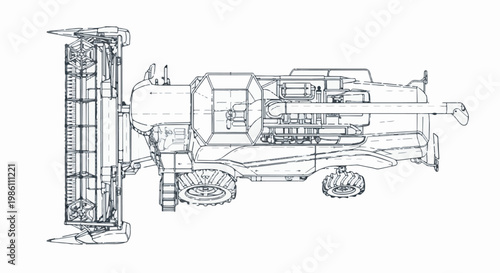 Detailed line drawing of a combine harvester, showcasing its intricate mechanical components
