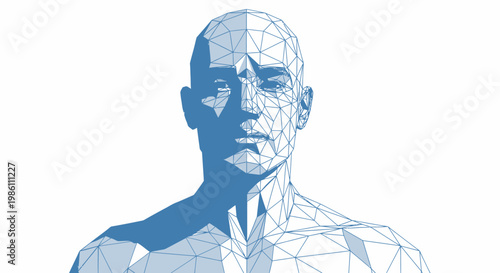 Blue geometric polygonal human face portrait.