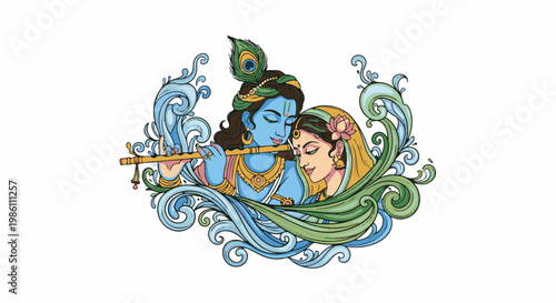 Divine couple in harmonious embrace, surrounded by flowing blue and green ornamental waves
