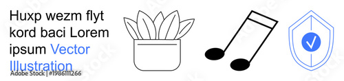 Creativity, security, self-expression, art, protection, music. A potted plant, musical notes and shield with a checkmark. Creativity and security vector concept
