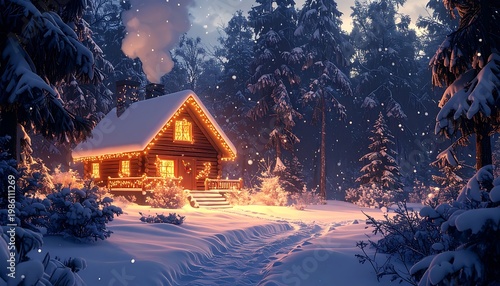 Cozy cabin winter scene