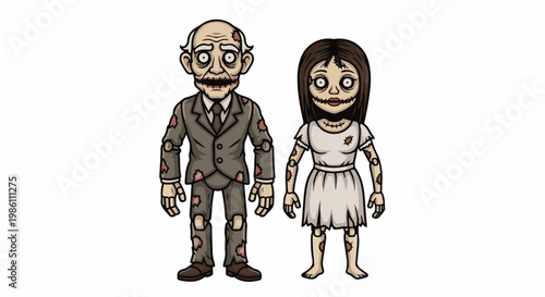 Creepy cartoon pair in torn, aged attire, unsettling wide eyes and mouths