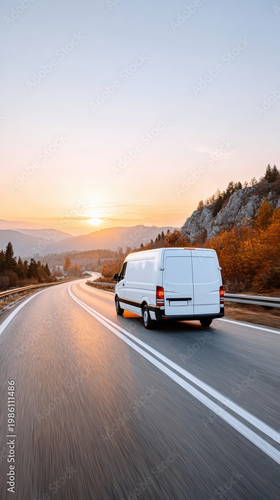 Obraz premium White cargo van driving on winding mountain highway at sunrise