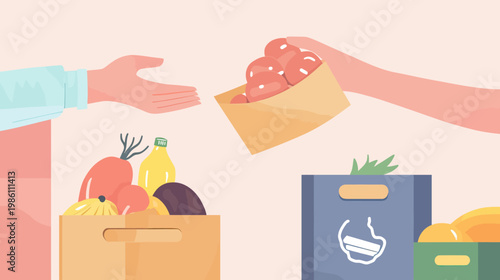 Hands exchanging fresh food donations with boxes of vegetables and fruits in flat minimalist style for community support and charity concept