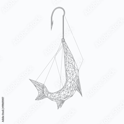 Polygonal wireframe fish hooked on fishing hook digital style geometric lure illustration isolated on white background minimal vector design