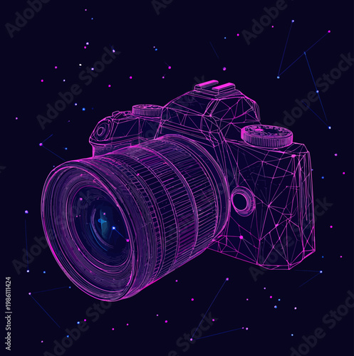 3D wireframe illustration of digital single lens reflex camera with detailed lens and polygonal lines in glowing neon purple on dark background for photography technology concept
