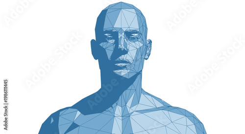 A blue geometric illustration of a man.
