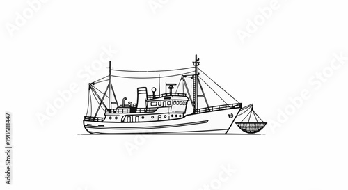 Detailed line drawing of a fishing trawler at sea, with nets