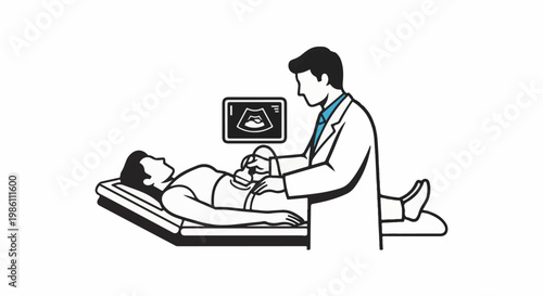 Doctor performs ultrasound scan on patient lying on examination table