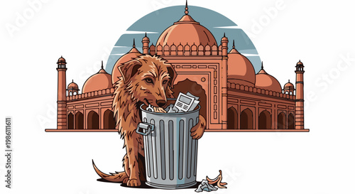Dog rummaging through trash can with mosque in background