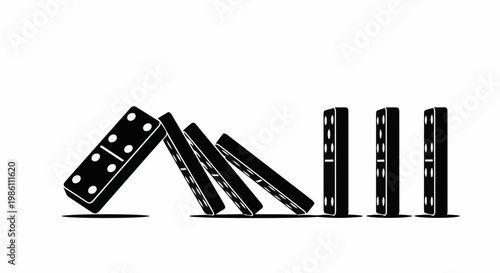 Dominoes fall and stand on a white background, some upright