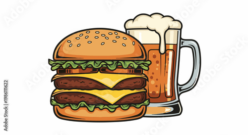 Double patty cheeseburger and frothy beer mug with condensation