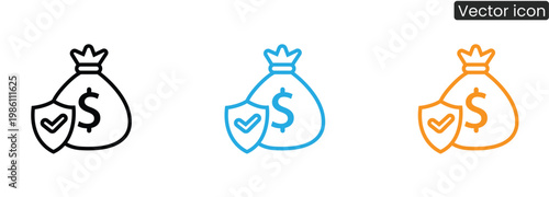Secure money bag icon set with shield on white background