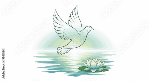 Dove flying over serene water with lily pad and flower, soft sun