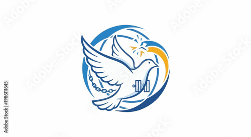 Dove breaking chains and flying towards a star with blue circle