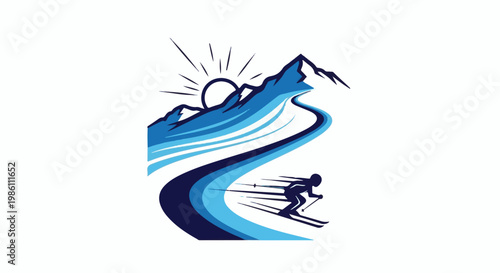 Downhill skier races down a snowy mountain slope under a radiant sun