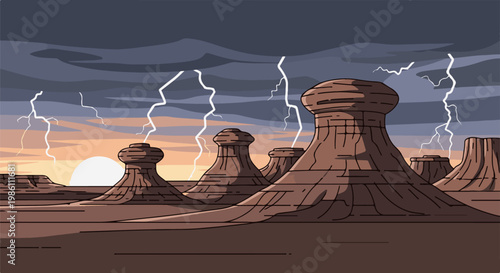 Dramatic desert landscape with sandstone formations and lightning strikes at sunset