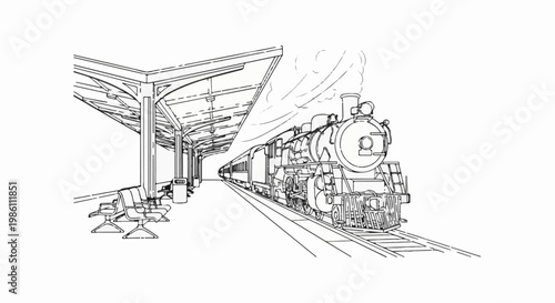 Detailed line drawing of a steam train at a station platform under a shelter