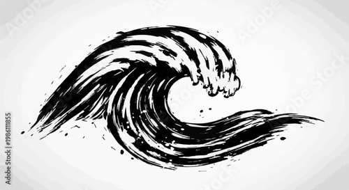 Dynamic black ink brush stroke depicts a powerful, curling ocean wave