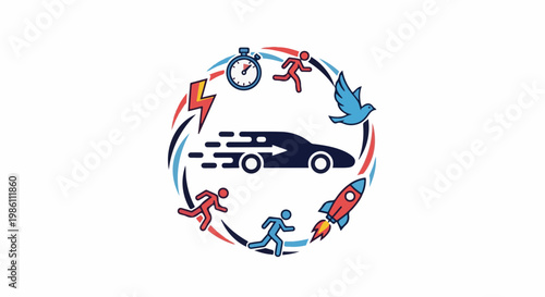 Dynamic circular graphic of speed, progress, and motion with various icons