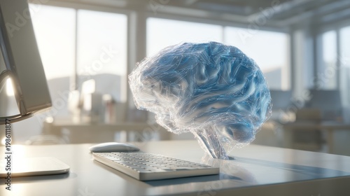 holographic ai brain ascending in clean office workspace