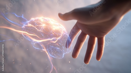 woman gestures toward floating brain with blue and orange neural pathways